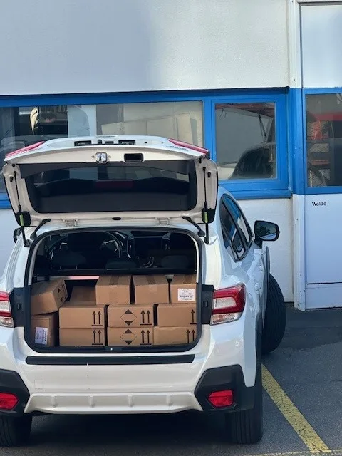 Der Kofferraum eines Autos ist mit Kisten voller Desinfektionsmittel gefüllt.